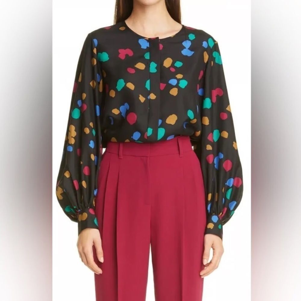 Lafayette 148 Colorful Sicilia Scatter Dot Print 100% Silk Blouse Sz small